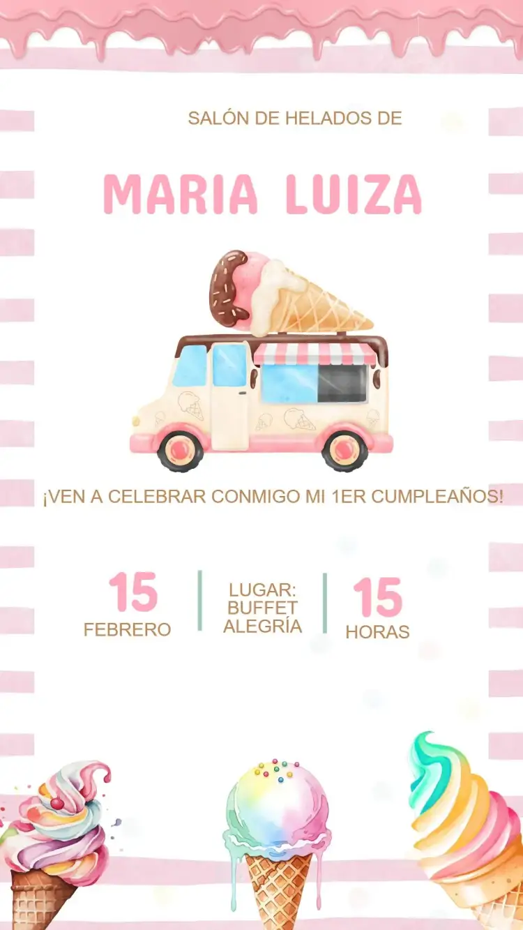 Invitación Invitación Cumpleaños Heladería – tema Cumpleaños Infantil colores vibrantes, estilo divertido, elementos gráficos de helado, estilo ilustrativo, tema colorido