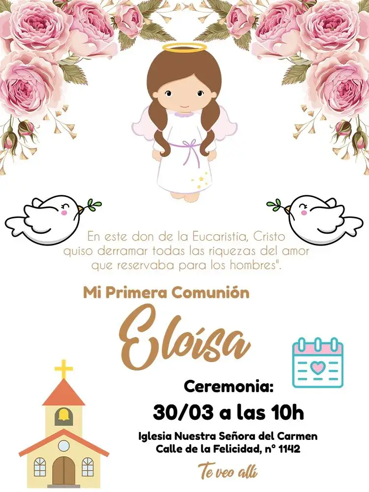 Invitación Primera Comunión Flor editable y personalizable