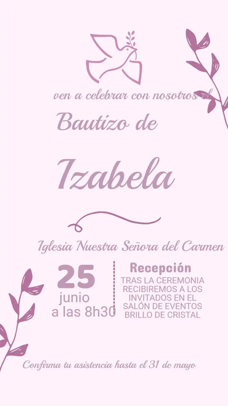 Invitación Invitación de Bautizo – tema Bautismo floral, minimalista, pastel, dorado, moderno, clásico