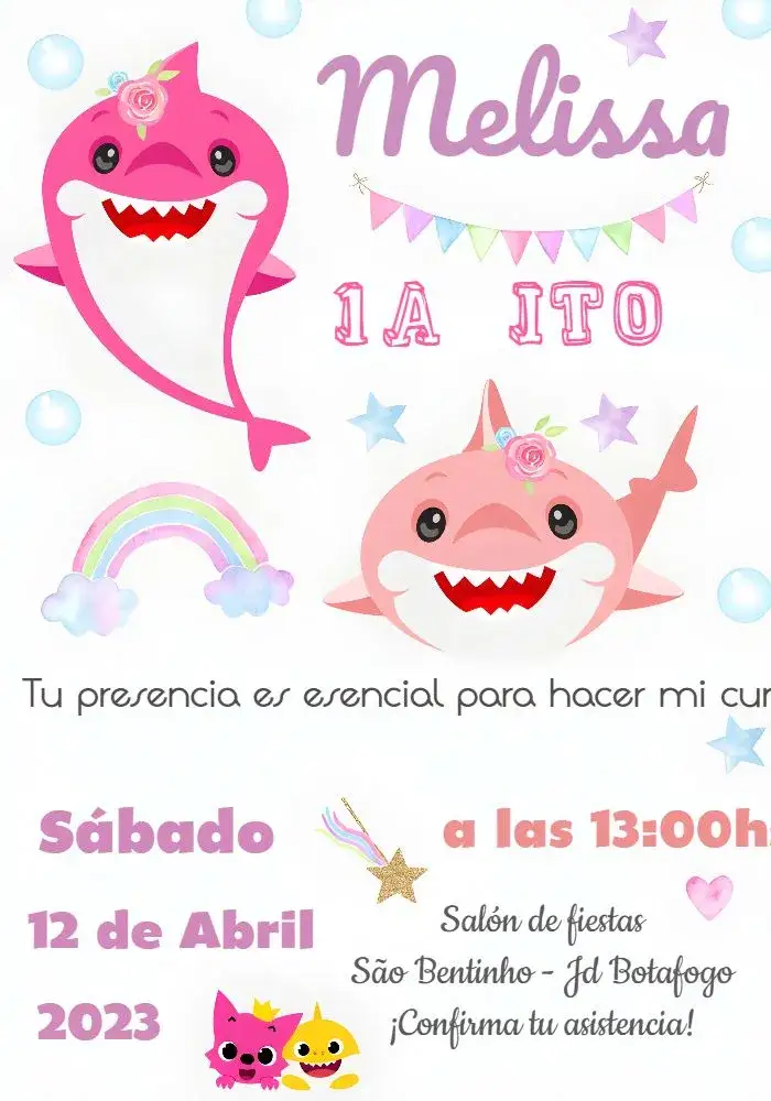 Invitación Baby Shark 2 – tema Fechas Conmemorativas rosa, marino, divertido, colorido, infantil, animado