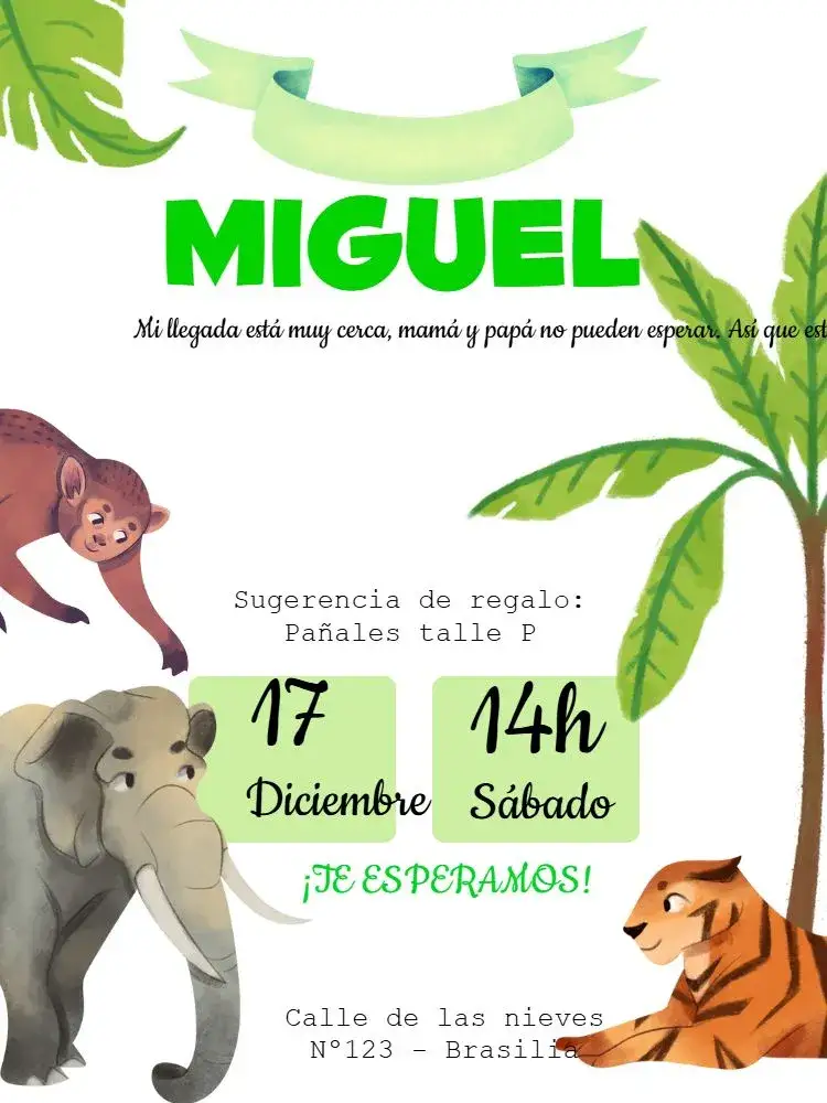 Invitación Baby Shower Safari - – tema Baby Shower safari, selva, animales, vibrante, tropical, colorido