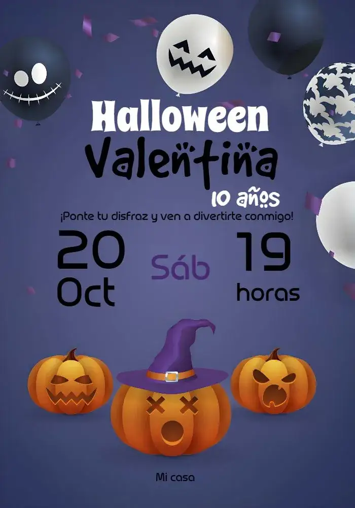 Invitación Halloween Aborora – tema Fechas Conmemorativas colores vibrantes, fantasía, elementos gráficos de Halloween, estilo lúdico, diseño envolvente, atmósfera aterradora