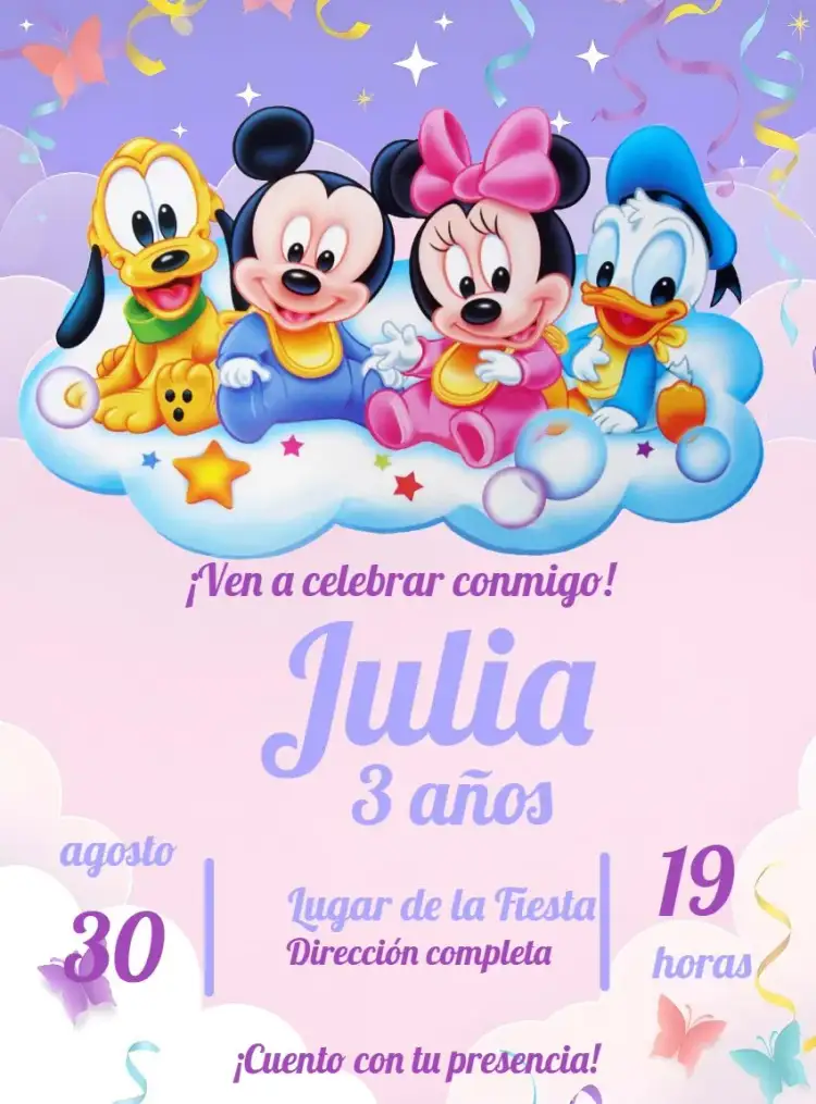 Invitación Fiesta de Mickey Baby – tema Cumpleaños Infantil colores suaves, estilo infantil, elementos gráficos de Mickey, diseño divertido, temática rosa y lila, inspirado en Disney
