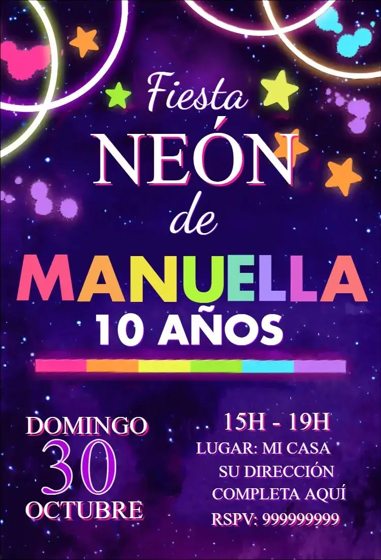 Invitación Fiesta Neon 1 – tema Cumpleaños Infantil neón, colorido, moderno, divertido, fiesta, juvenil
