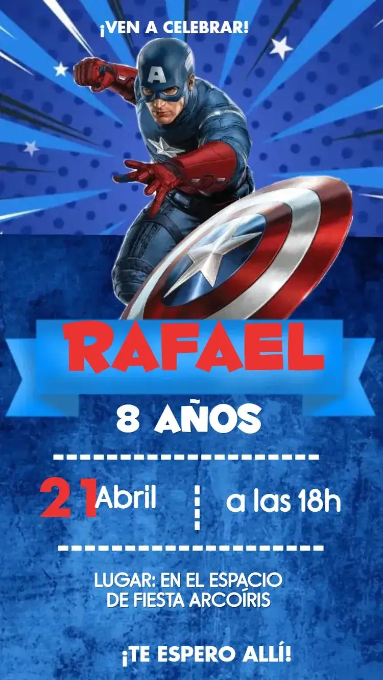 Invitación Capitán América – tema Cumpleaños Infantil azul, rojo, superhéroe, Marvel, aventura