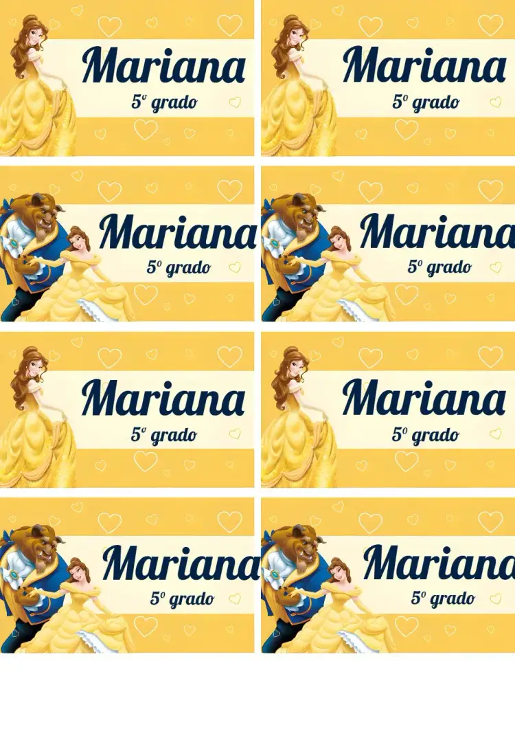 Invitación Etiqueta Escolar La Bella y la Bestia Amarillo – tema Bautismo amarillo, azul, princesas, Disney, lúdico, encantado