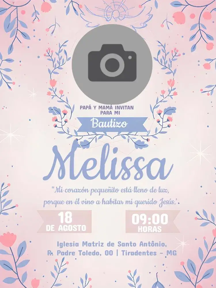 Invitación Bautizo Con Foto de Ángel – tema Bautismo floral, delicado, azul, moderno, infantil