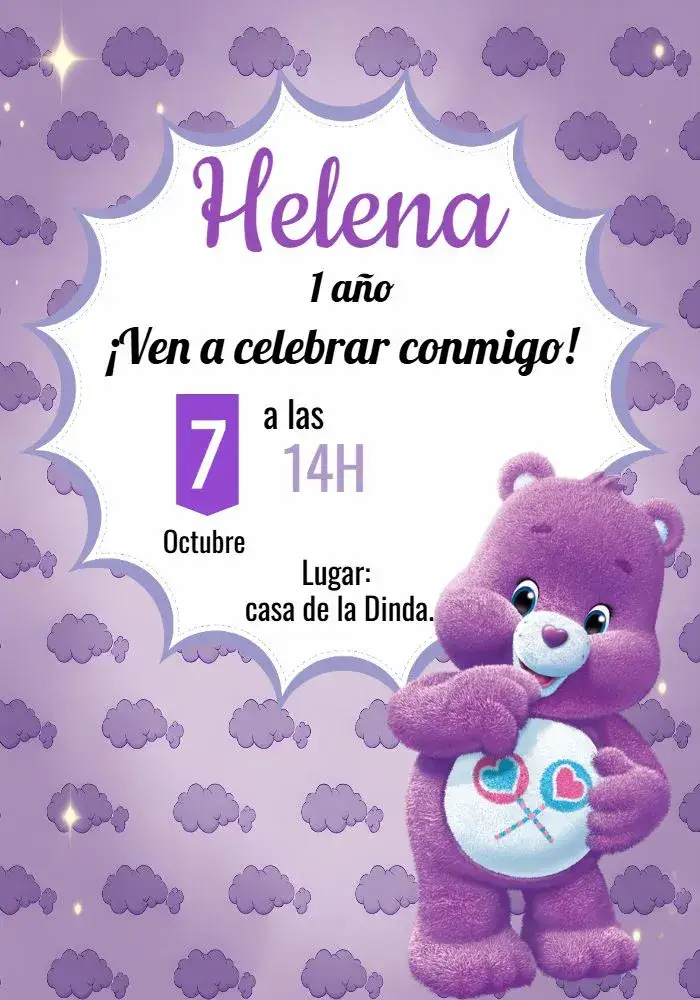 Invitación Os Cariñositos Cariñosita – tema Cumpleaños Infantil morado, lila, ositos, tierno, divertido
