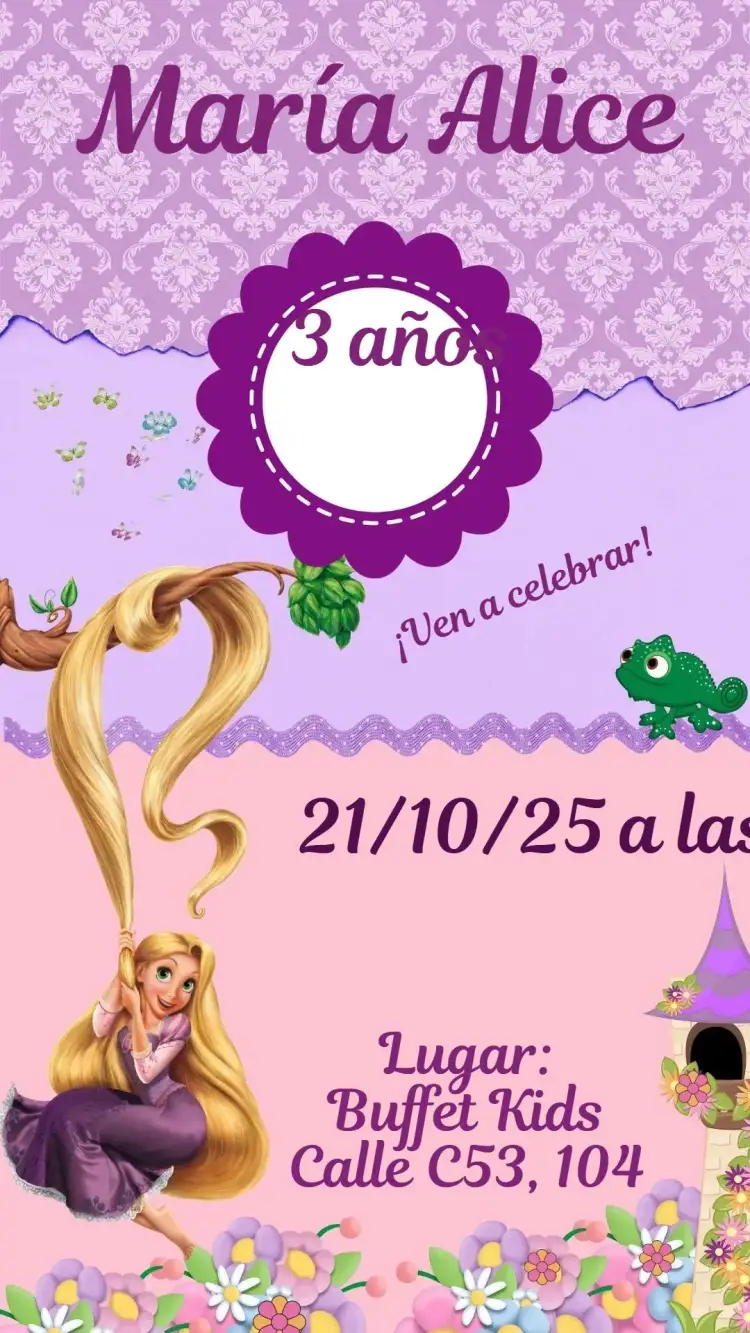 Invitación Enredados – tema Cumpleaños Infantil colores vibrantes, elementos de cuento de hadas, ilustraciones lúdicas, estilo alegre, detalles encantadores