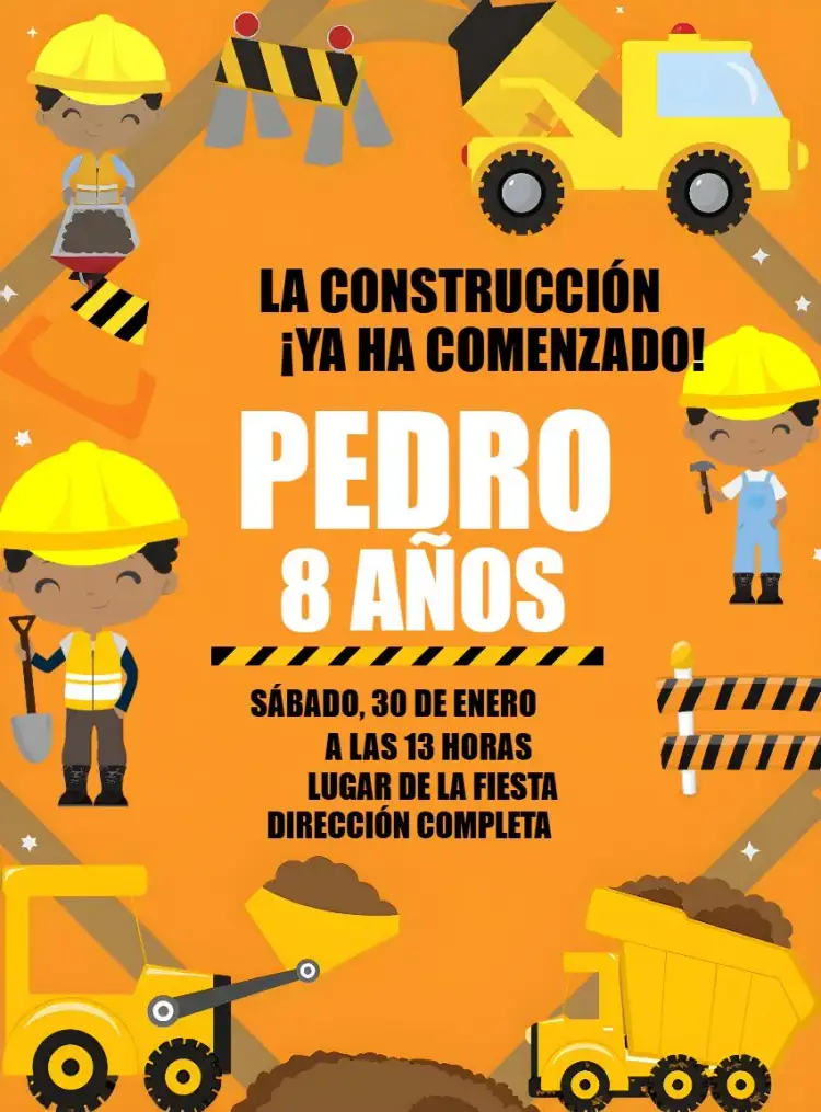 Invitación Construcción Amarillo – tema Té Rifa construcción, amarillo y negro, elementos gráficos, divertido, infantil, moderno