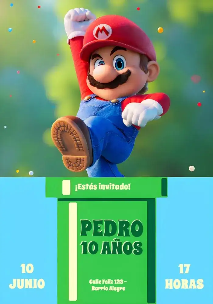 Invitación Super Mario Rojo – tema Cumpleaños colorido, divertido, temático, juegos, infantil