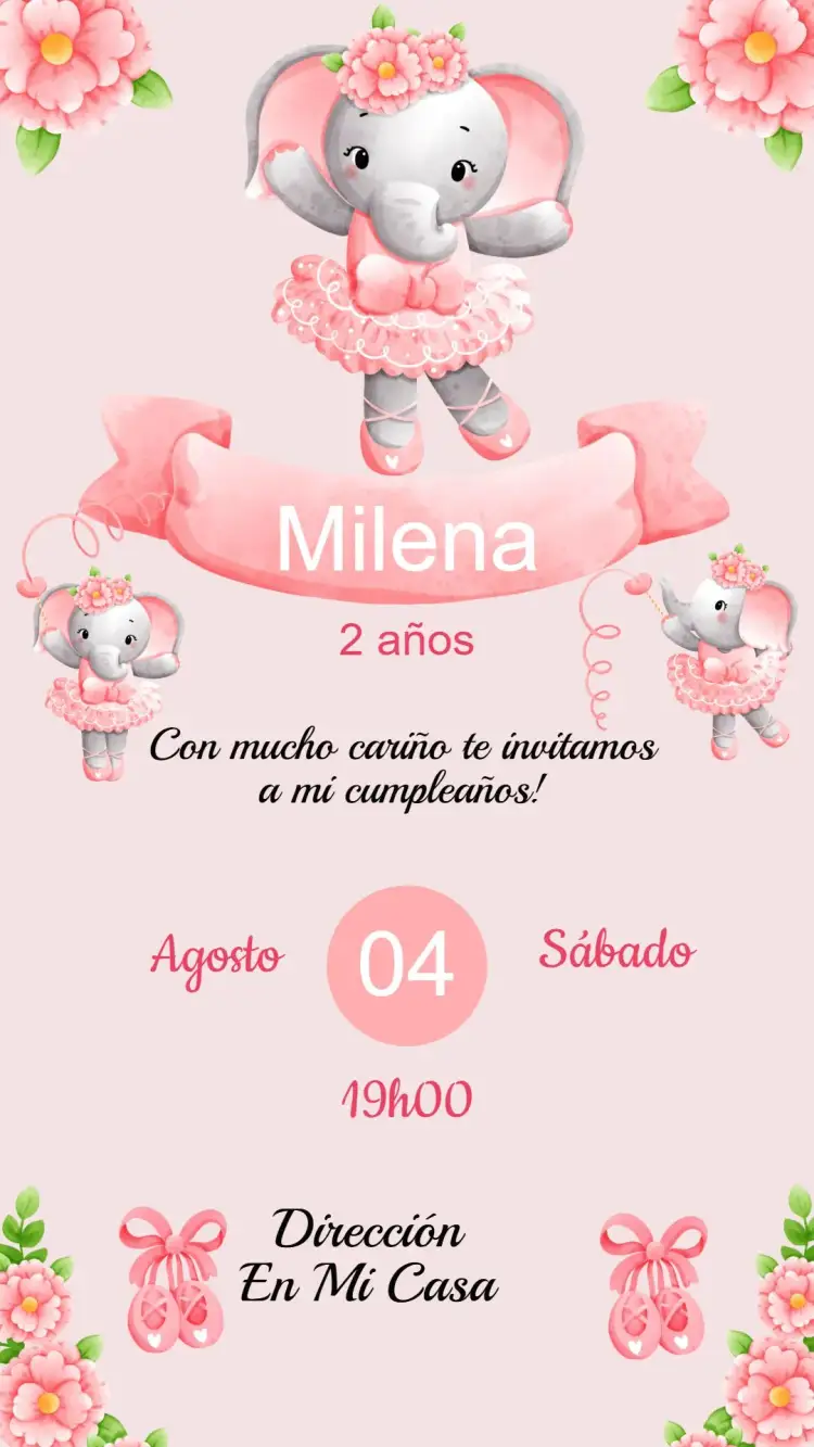 Invitación Invitación Cumpleaños Elefanta bailarina – tema Cumpleaños Infantil colores pastel, lúdico, divertido, ilustración infantil, estilo moderno, diseño delicado