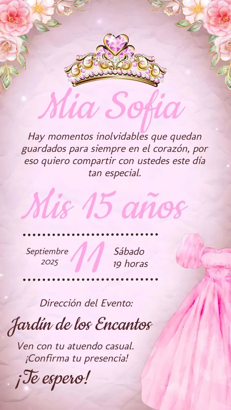Invitación 15 Años Vestido editable y personalizable