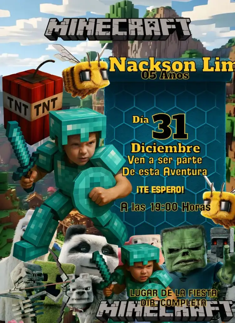 Invitación Minecraft - Armadura de Diamante – tema Cumpleaños Infantil pixelado, colorido, juegos, aventura, diversión