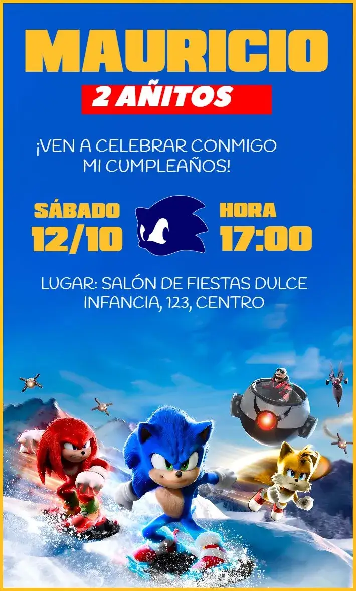 Invitación Sonic Tails – tema Cumpleaños Infantil colorido, divertido, jovial, moderno, temático
