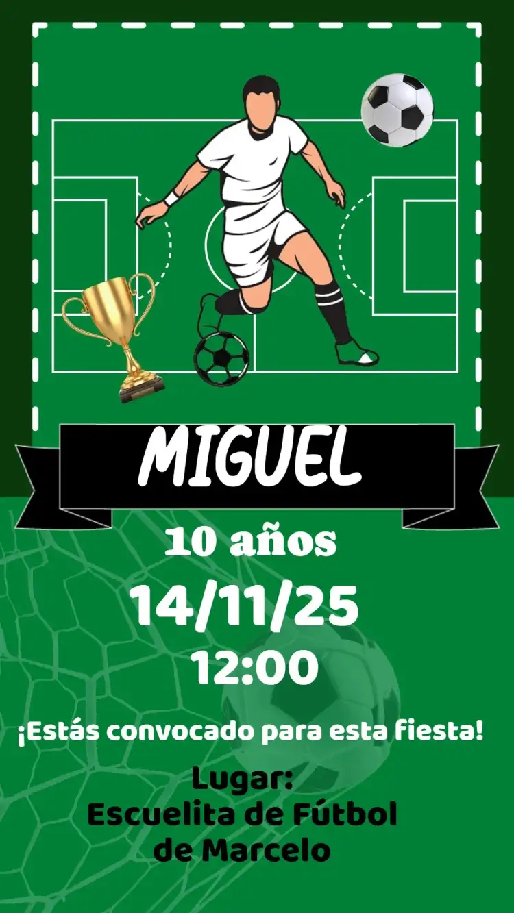 Invitación Fútbol – tema Cumpleaños colores vibrantes, elementos gráficos de fútbol, diseño moderno, ilustraciones divertidas, temática deportiva