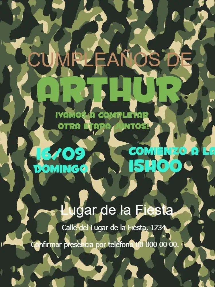 Invitación Camuflado Ejército Niño – tema Cumpleaños Infantil camuflado, militar, aventura, temática, joven, divertido