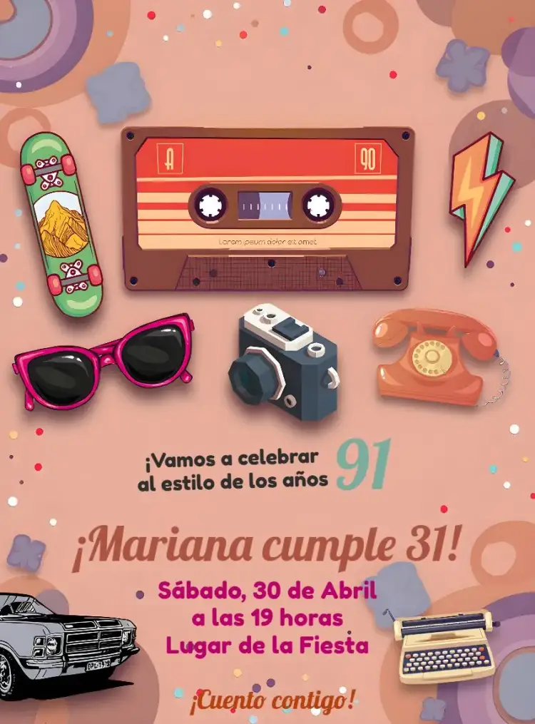 Invitación Anos 90 Discos – tema 15 años vintage, colorido, retro, divertido, estilo urbano, jovial