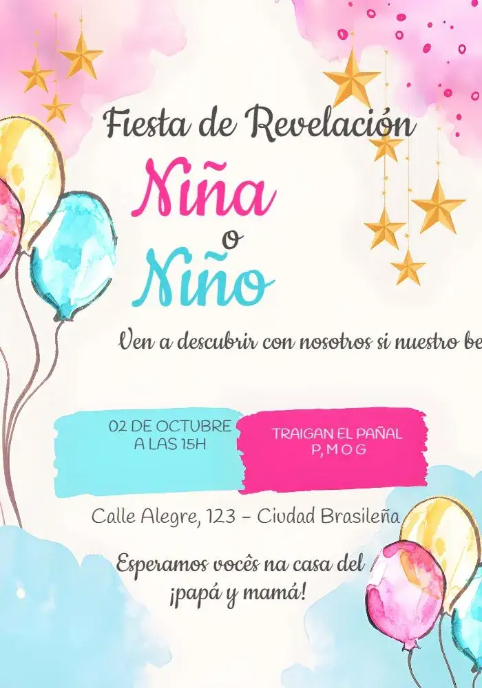 Invitación Fiesta Revelación Globos – tema Revelación Bebé colorido, festivo, moderno, divertido, alegre, jovial