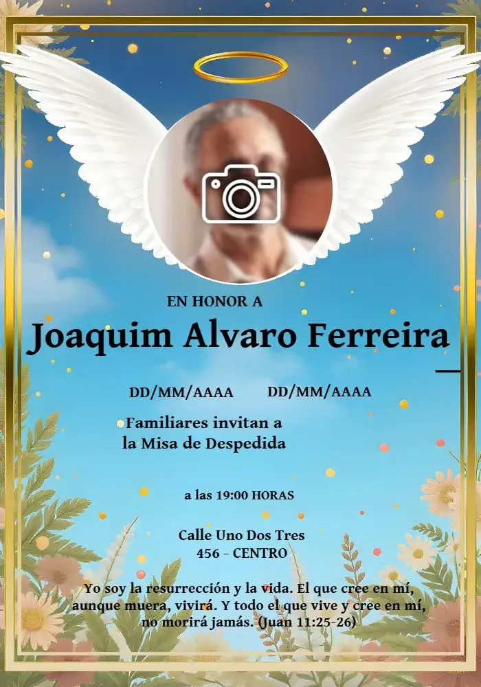 Invitación Misa De Fallecimiento Con Foto Ángeles – tema Fechas Conmemorativas dorado, azul, blanco, negro, minimalista, celestial