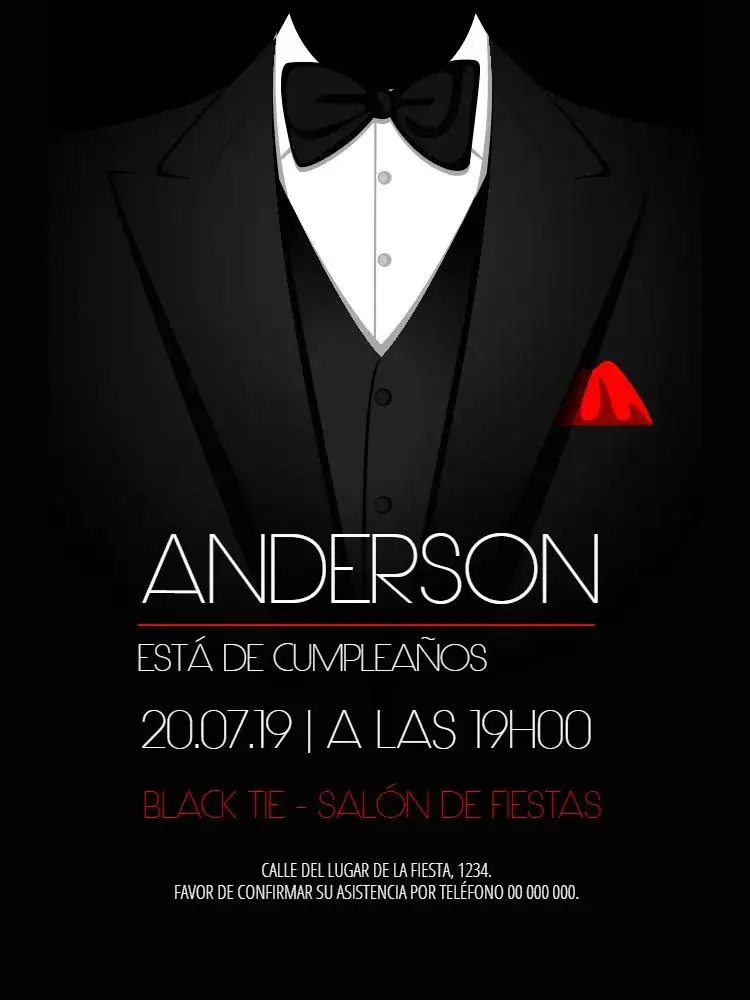 Invitación Black Tie Celebración – tema Cumpleaños elegante, moderno, dorado, minimalista, chic, sofisticado