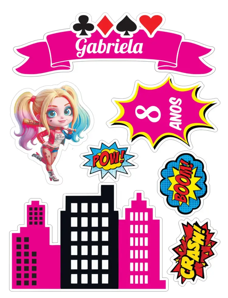 Invitación Harley Quinn – tema Topper de torta colorido, divertido, temático, lúdico, vibrante, jovial