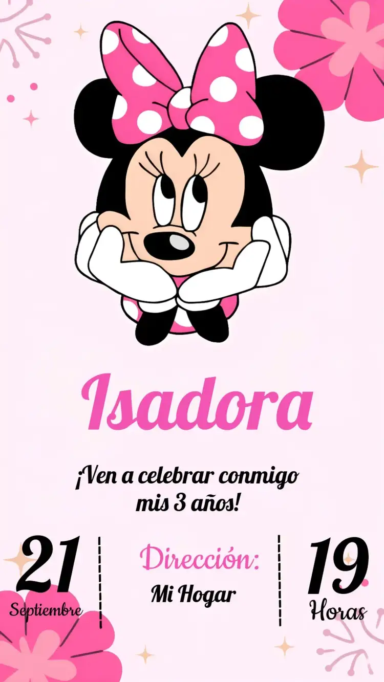 Invitación Minnie Rosa Digital – tema Más buscados colores rosa y negro, estilo infantil, elementos gráficos de Minnie, diseño lúdico, tema de fiesta divertida