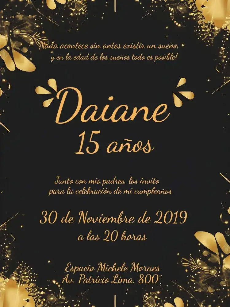 Invitación De 15 Años Fiesta de Lujo Elegante – tema 15 años dorado, negro, purpurina, elegante, moderno, clásico