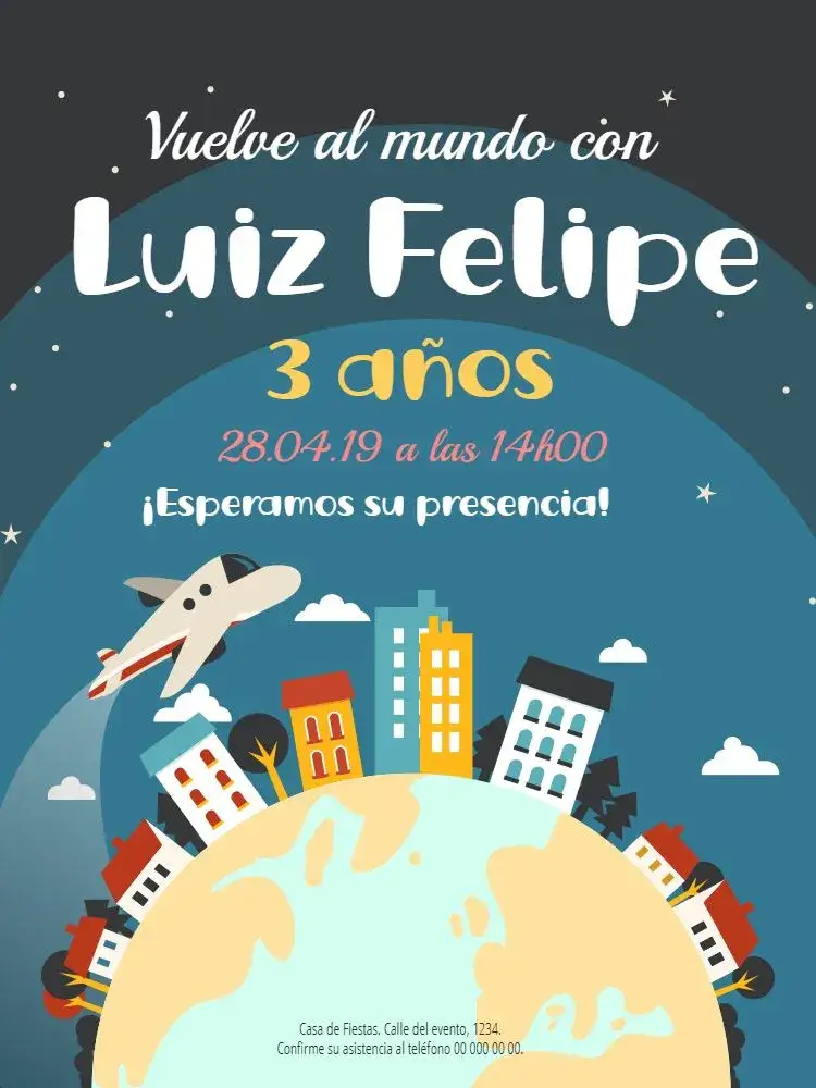 Invitación Viaje Por El Mundo Personalizado – tema Cumpleaños Infantil aventura, navegación, espacio, colores vibrantes, elementos gráficos lúdicos, estilo moderno