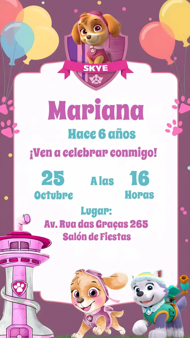 Invitación Skye Patrulla Canina Rosa
