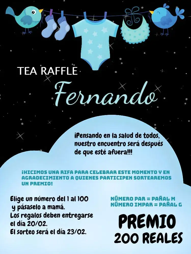 Invitación Té Rifa Tendedero De Ropa Cielo – tema Té Rifa azul, minimalista, divertido, infantil, moderno