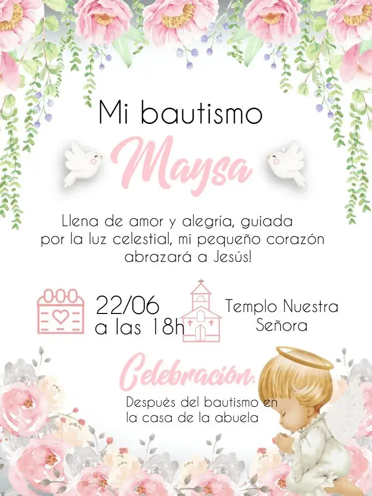 Invitación Bautizo Iglesia editable y personalizable