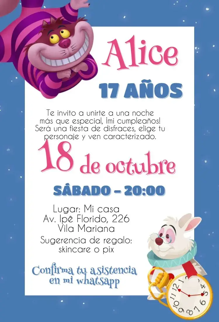 Invitación Invitación Alicia en el país de las maravillas editable y personalizable
