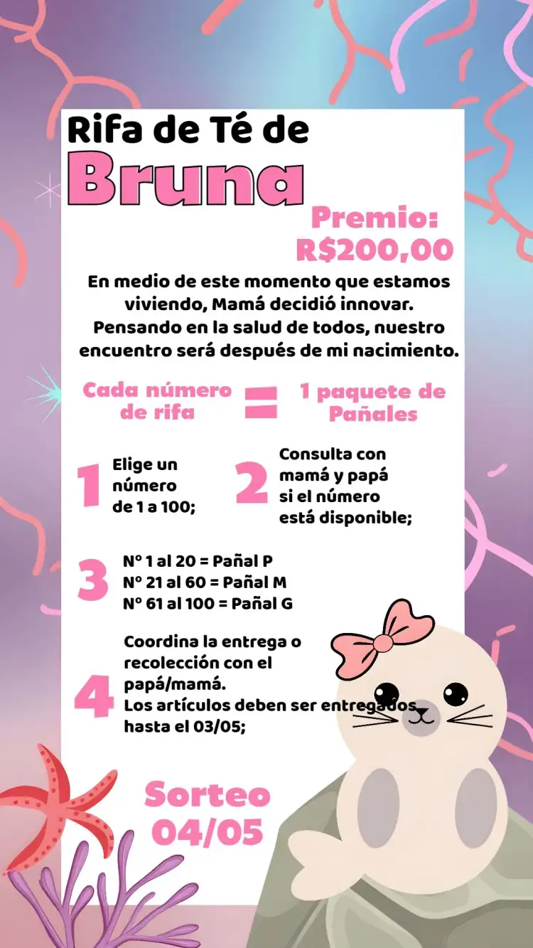 Invitación Té Rifa Foca Números – tema Té Rifa azul marino, colorido, divertido, lindo, infantil