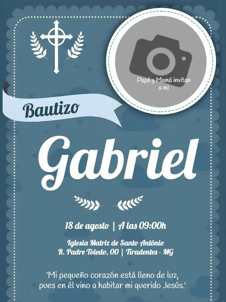 Invitación Bautizo Con Foto Azul – tema Bautismo azul suave, moderno, minimalista, elegante, fotográfico, clean
