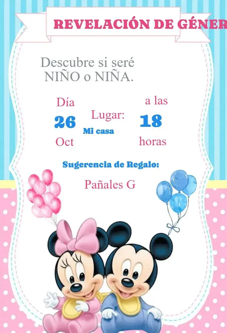 Invitación Invitación Revelación de Género Minnie y Mickey editable y personalizable