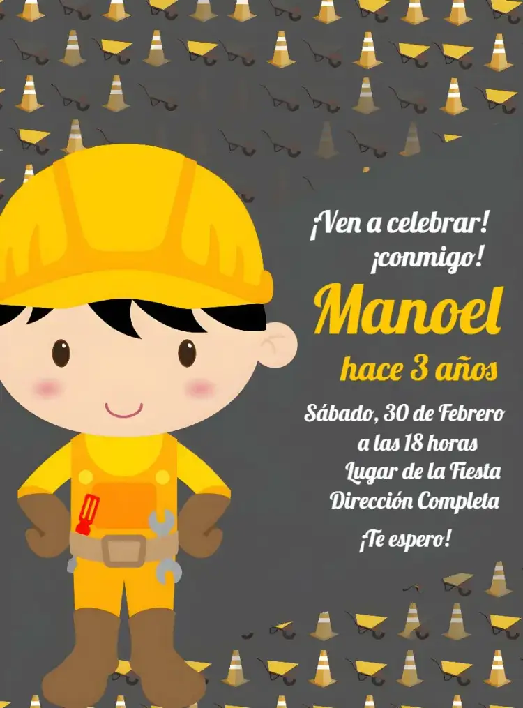 Invitación Construcción Profesiones – tema Té Rifa colorido, moderno, divertido, temático, estilo infantil