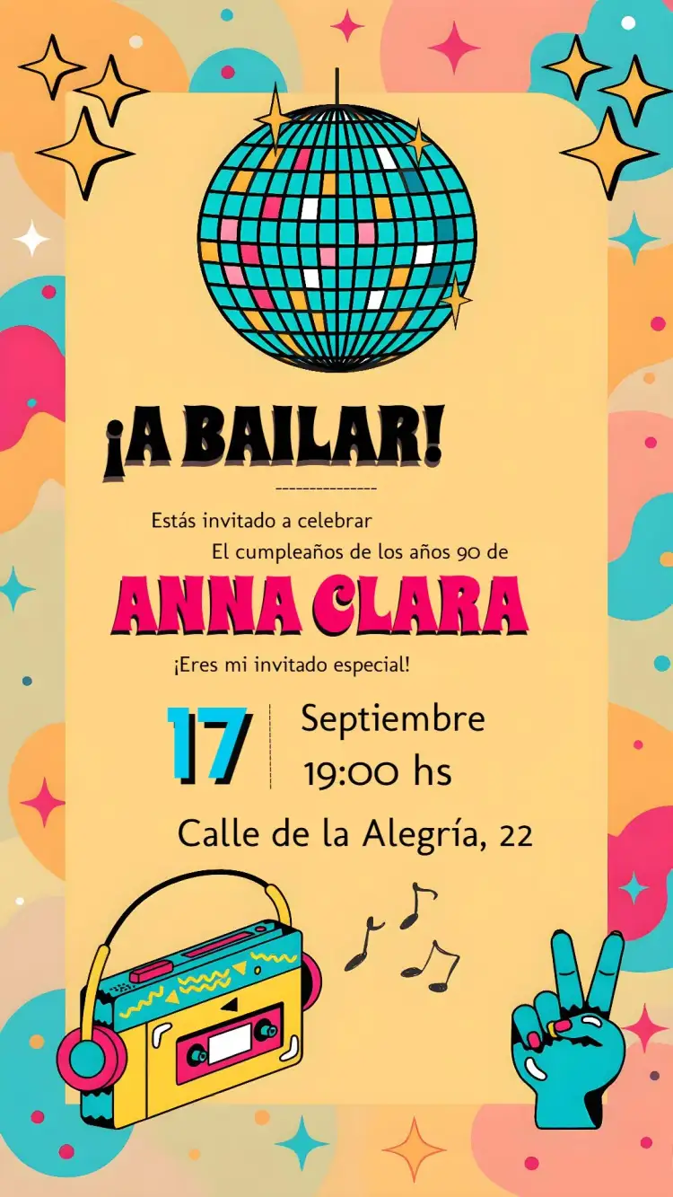 Invitación Años 90 Beige – tema 15 años años 90, vintage, colorido, discoteca, celebración, nostálgico