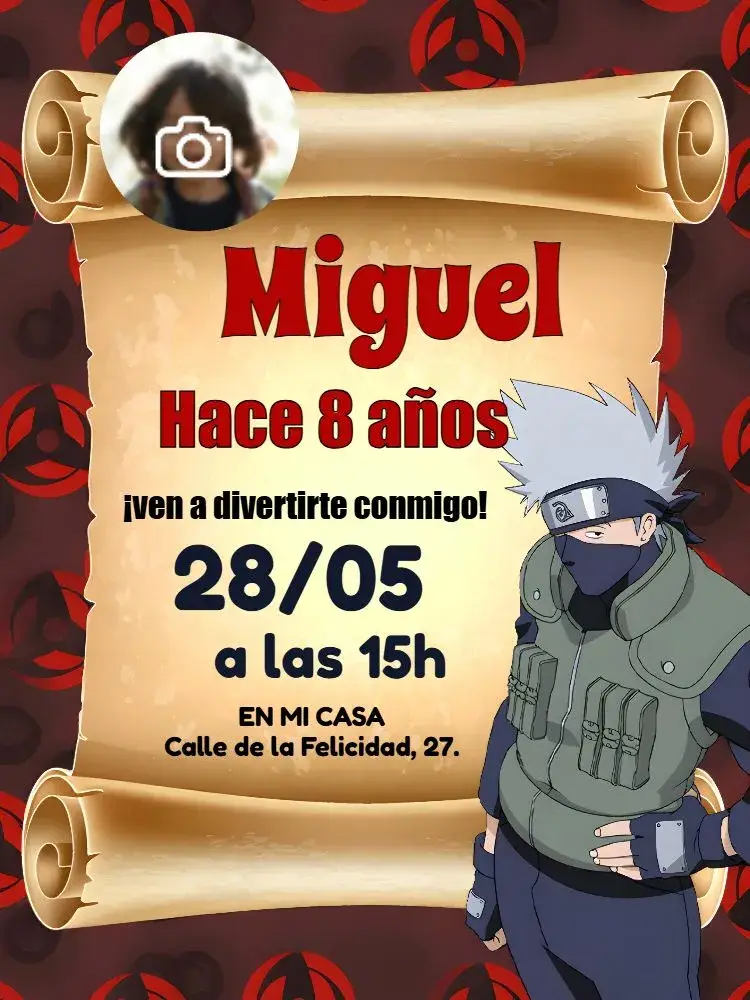 Invitación Kakashi Naruto Con Foto Zorro