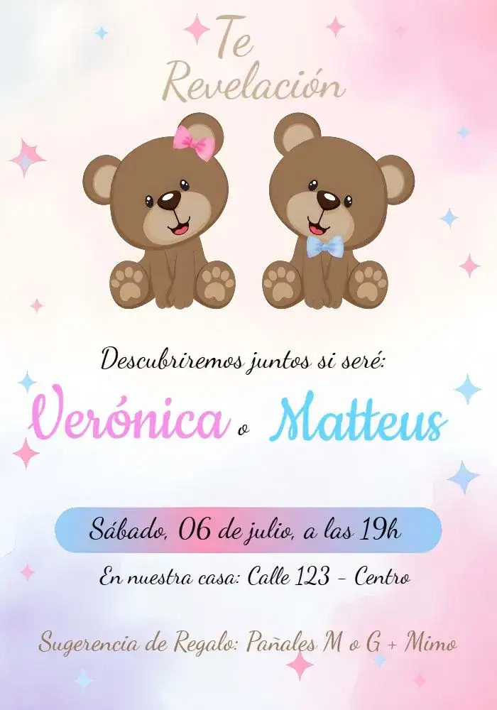 Chá de Revelación Ositos Rosa y Azul Delicado