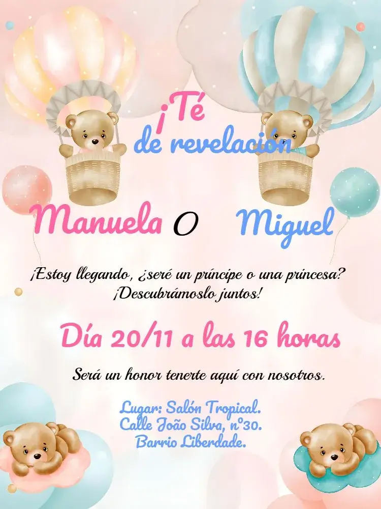 Invitación Baby Shower Revelación Ositos Globos Rosa editable y personalizable