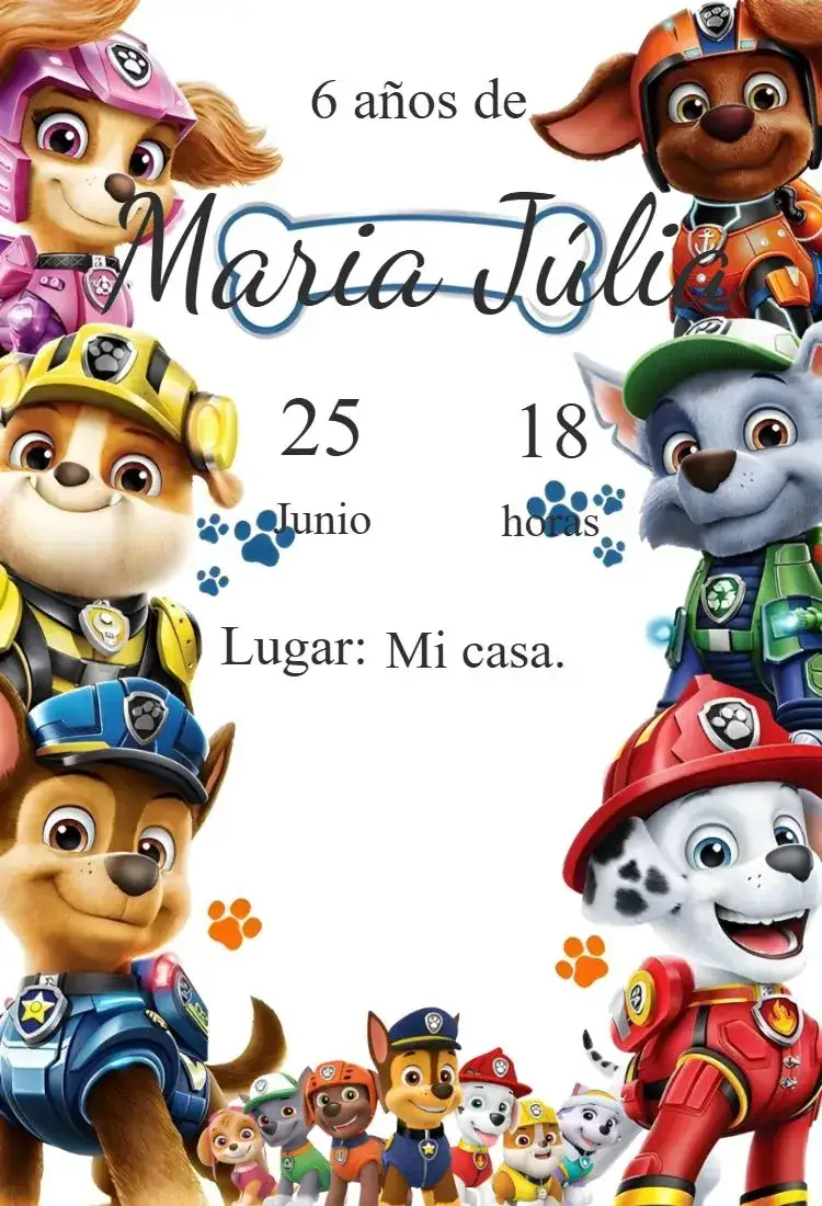 Invitación Patrulla Canina – tema Cumpleaños Infantil colorido, temática de aventura, personajes animados, estilo divertido, gráficos infantiles, escenas de acción