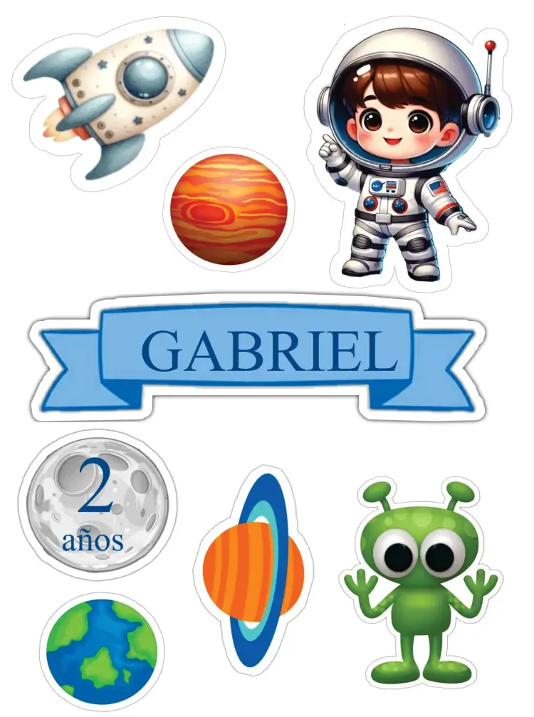 Invitación Astronauta – tema Topper de torta espacio, divertido, colorido, ilustraciones de cohetes, planetas, astronáutica