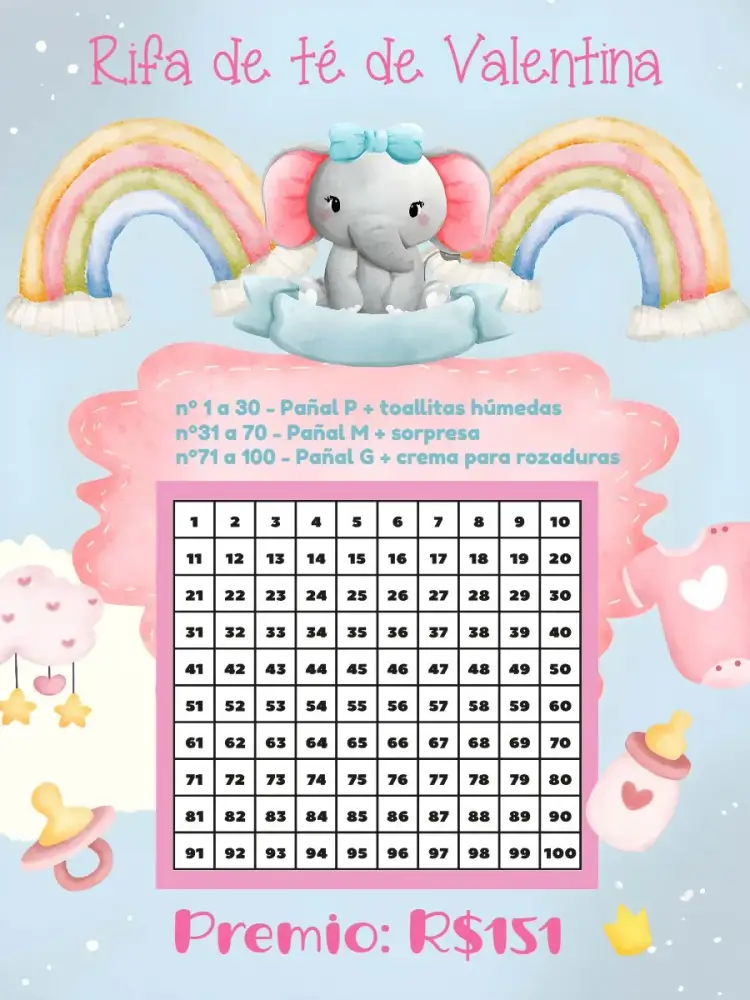 Invitación Baby Shower Rifa De Pañales Tema Elefantito Arcoíris Animales