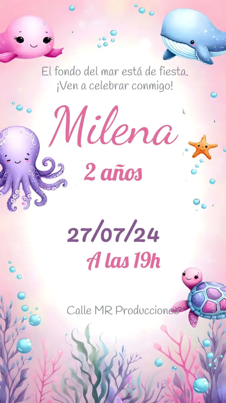 Invitación Fondo Del Mar Lila – tema Cumpleaños Infantil fondo marino, lila y rosa, agua y algas, estilo infantil, ilustraciones divertidas