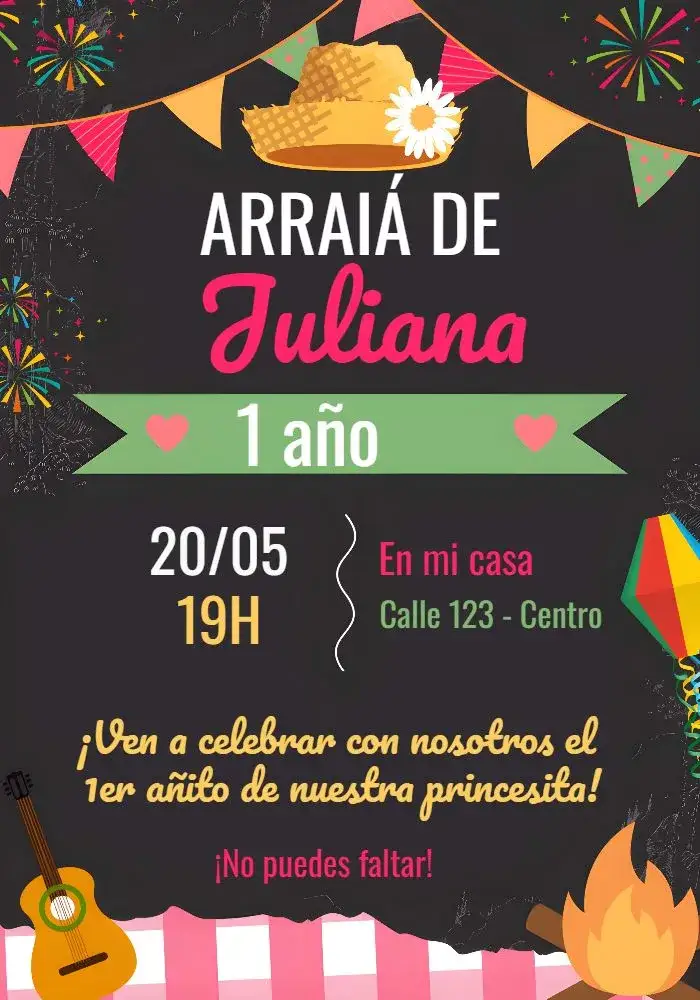 Invitación Arraiá Fiesta Junina João – tema Fechas Conmemorativas vibrante, colorido, infantil, tradicional, lúdico