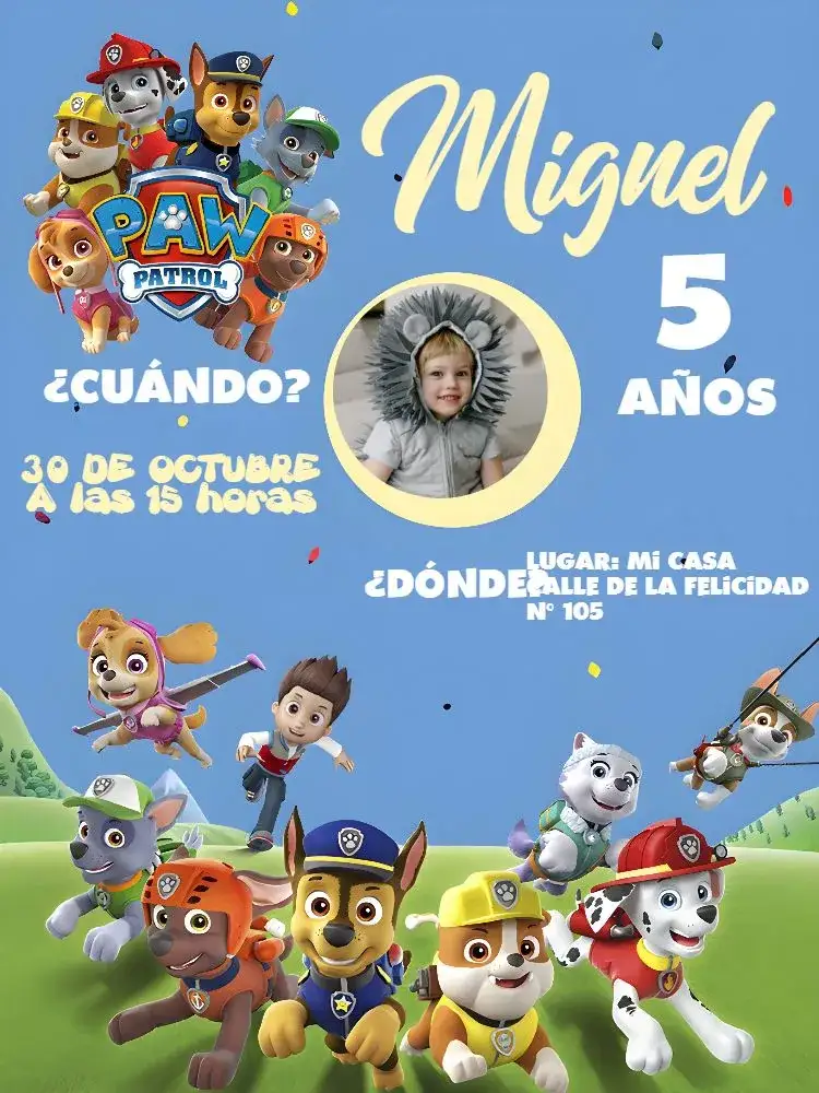 Invitación Patrulla Canina Con Foto Blanco – tema Cumpleaños Infantil divertido, colorido, temático, infantil, animales, moderno