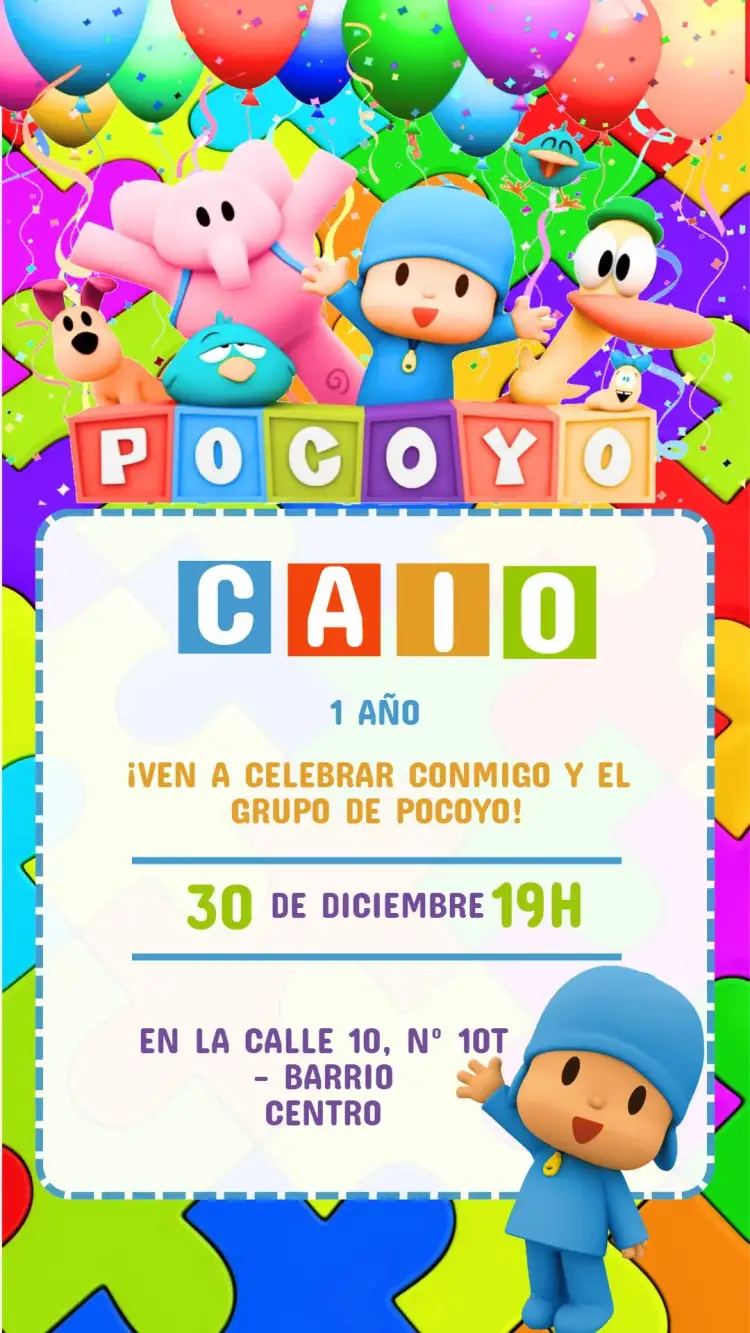 Invitación Invitación Cumpleaños Pocoyo – tema Cumpleaños Infantil colorido, divertido, infantil, temático, brincalhón