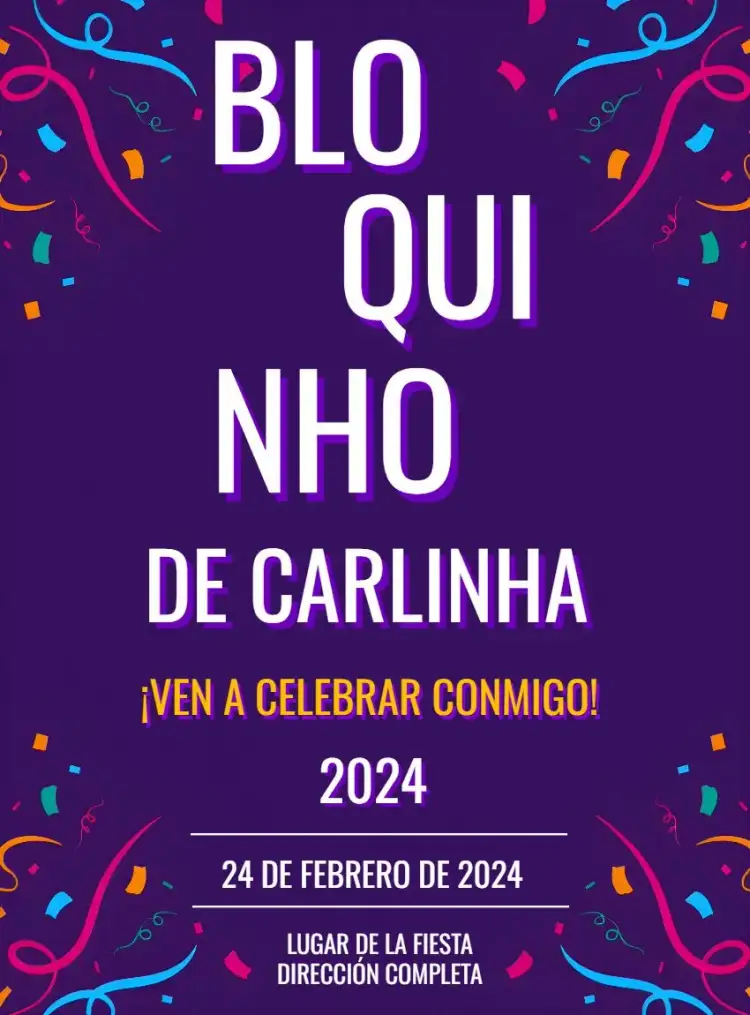 Invitación Bloquinho Carnaval Morado – tema Fechas Conmemorativas carnaval, vibrante, divertido, colorido, festivo, moderno