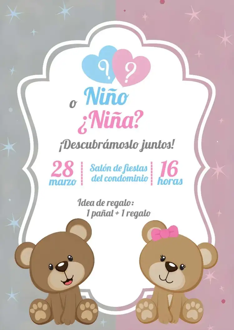 Baby Shower Revelación Ositos Azul Y Rosa Pañales